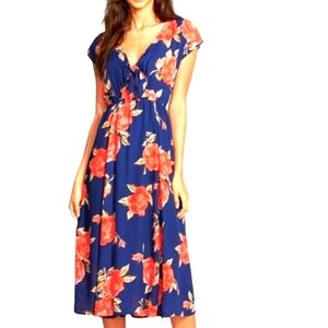 June & Hudson Blue Floral Wrap Dress (Size 1, Chest 33.5", Length 51.25")